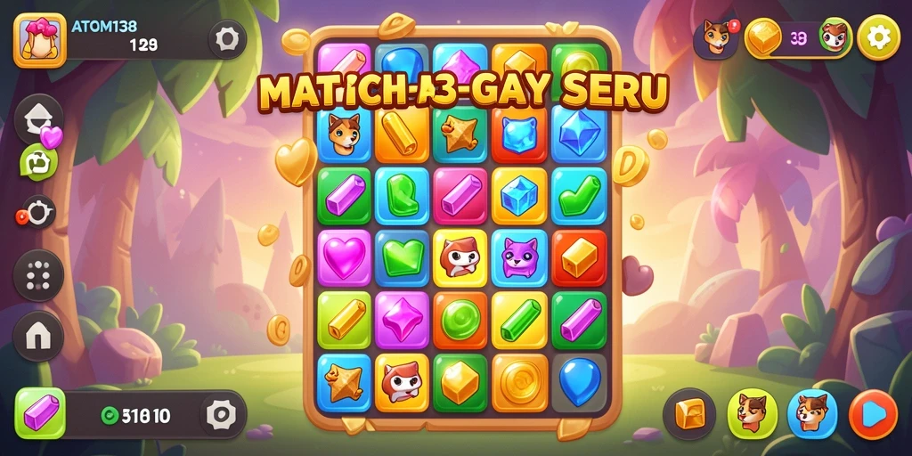 Tangkapan layar gameplay Match-3 dengan elemen warna-warni yang seru.
