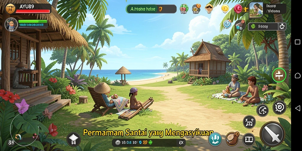 Tangkapan layar AYU89 menampilkan gameplay santai yang penuh warna.