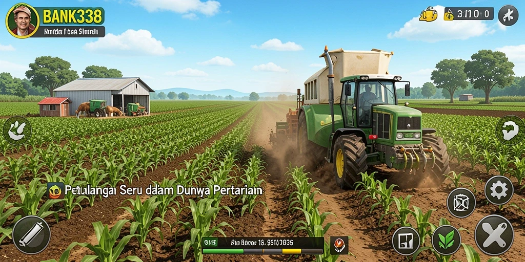 Tangkapan layar gameplay BANK338 menunjukkan kebun yang subur dan hewan ternak yang terawat.