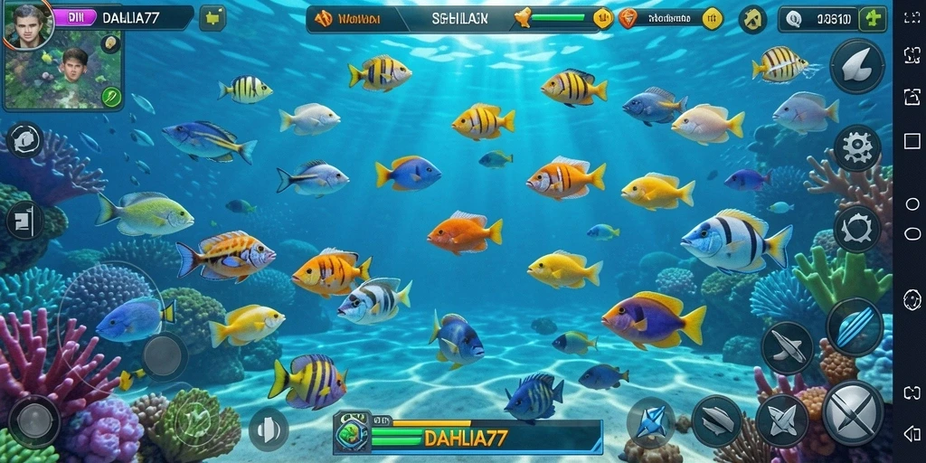 Tangkapan layar gameplay DAHLIA77 menampilkan aksi seru tangkap ikan.