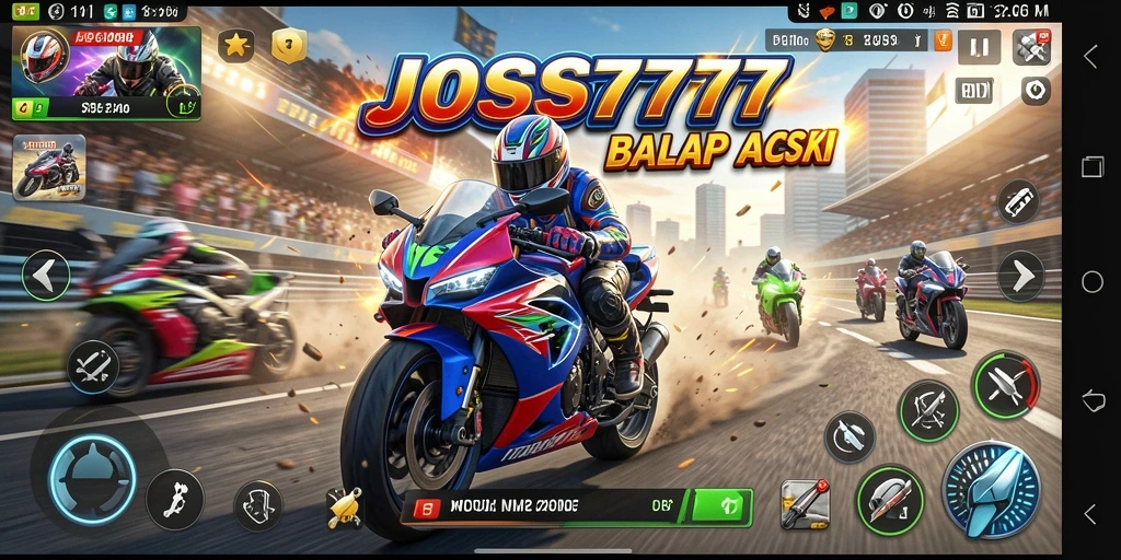 Tangkapan layar gameplay JOSS777 yang menunjukkan aksi balap motor yang cepat.