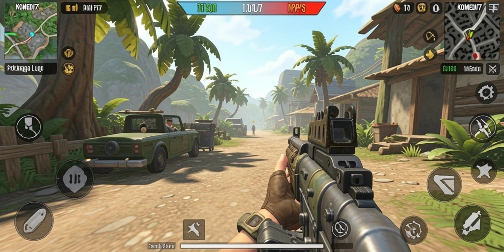 Tangkapan layar utama KOMEDI77 menunjukkan aksi lucu dalam gameplay TPS.