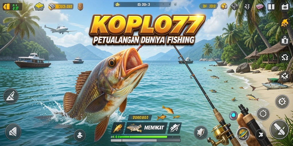 Screenshot KOPLO77 menampilkan pemain yang berhasil menangkap ikan besar di sungai yang indah.