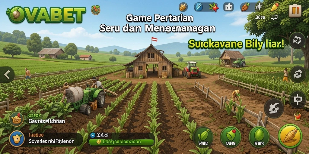 Screenshot gameplay OVABET menampilkan ladang hijau yang subur dan beragam tanaman.