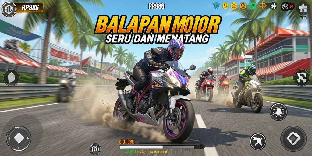 Tampilan gameplay RP886 yang mendebarkan saat balapan motor.
